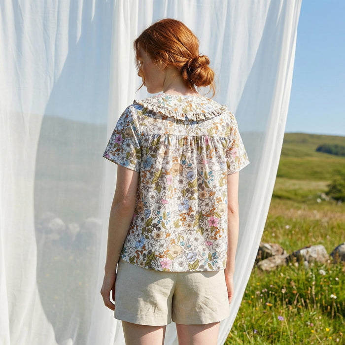 Liberty London Smock Peter-Pan Collared Short-sleeved Button-up Blouse, Handmade Cotton Clothing, Sustainable Botanical Womenswear