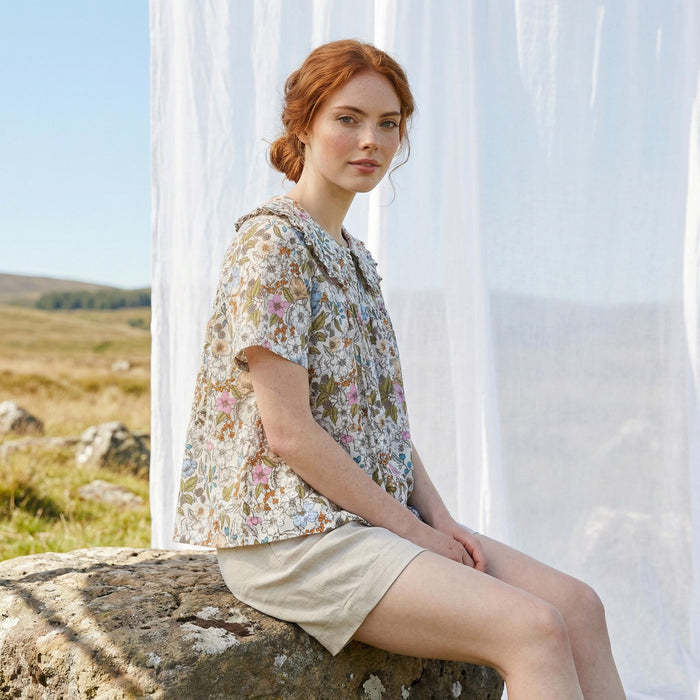 Liberty London Smock Peter-Pan Collared Short-sleeved Button-up Blouse, Handmade Cotton Clothing, Sustainable Botanical Womenswear