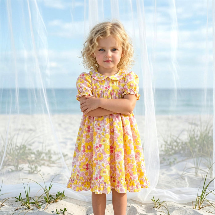 Liberty London Smock Peter-Pan Collared Short-sleeved Dress, Personalised Handmade Children-wear, Sustainable Ethical Cotton Clothing