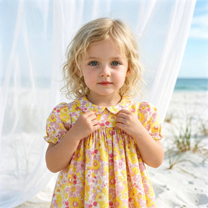 Liberty London Smock Peter-Pan Collared Short-sleeved Dress, Personalised Handmade Children-wear, Sustainable Ethical Cotton Clothing