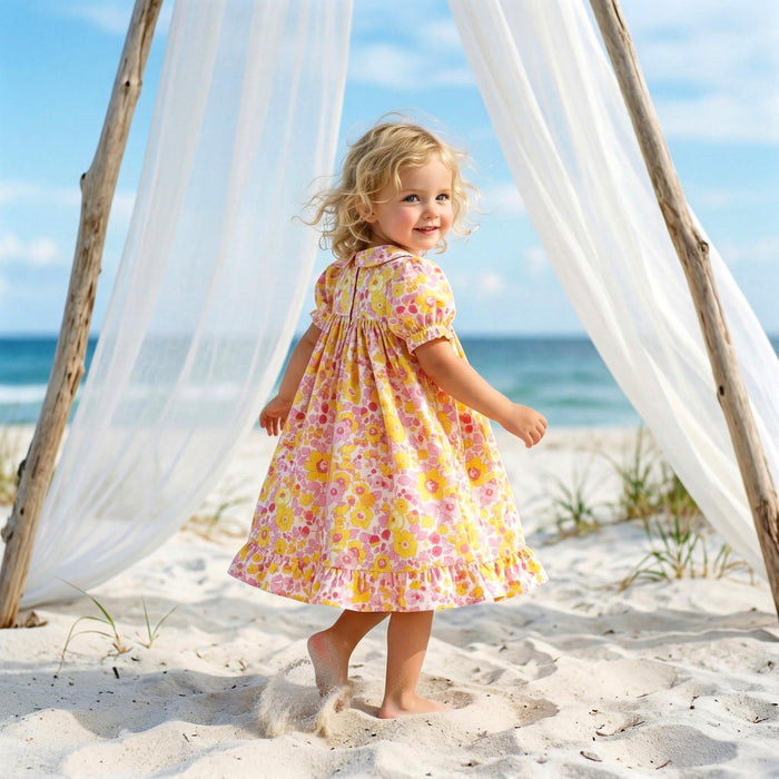 Liberty London Smock Peter-Pan Collared Short-sleeved Dress, Personalised Handmade Children-wear, Sustainable Ethical Cotton Clothing