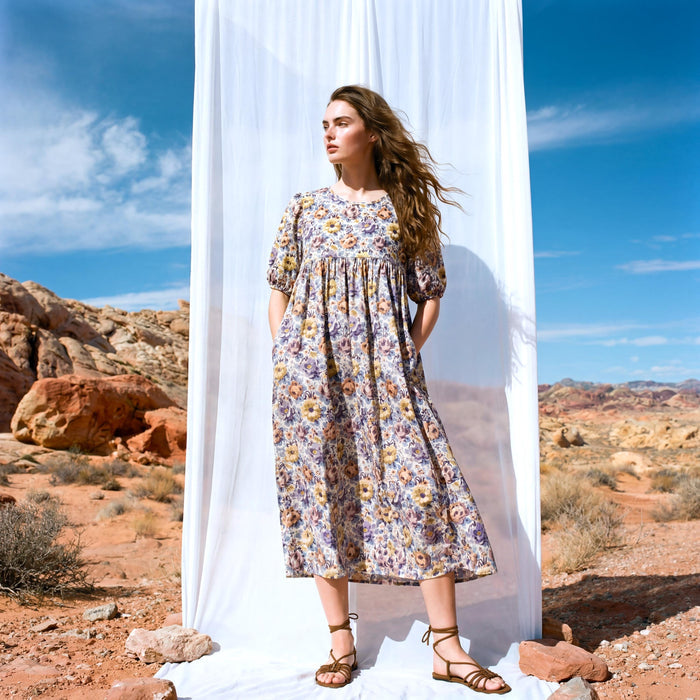 Liberty London Smock Puffed Short-sleeved Dress, Handmade Botanical Clothing, Personalised Sustainable Womenswear, Tailoring Outfits