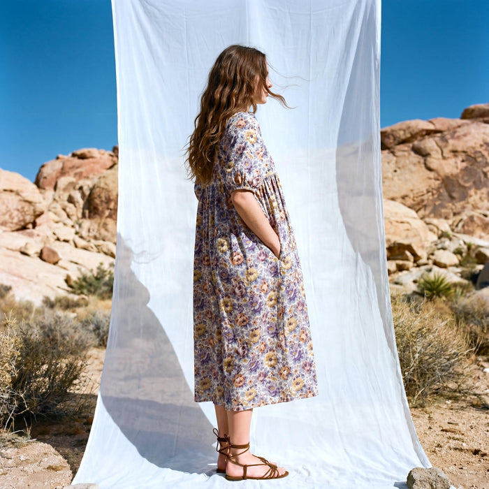 Liberty London Smock Puffed Short-sleeved Dress, Handmade Botanical Clothing, Personalised Sustainable Womenswear, Tailoring Outfits
