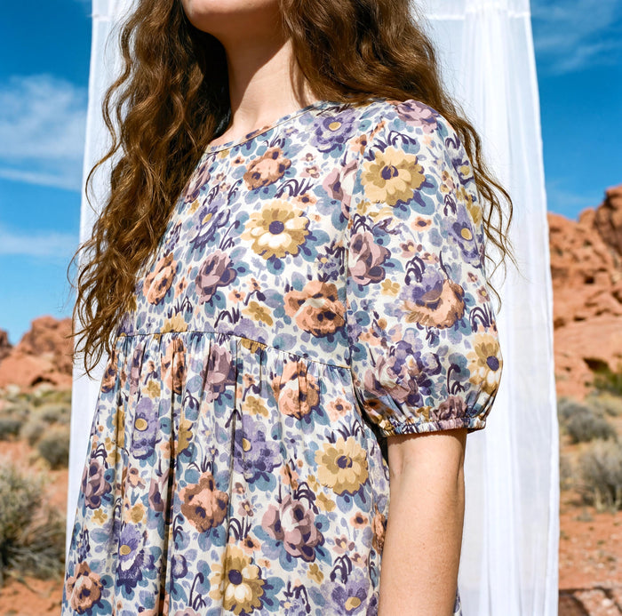 Liberty London Smock Puffed Short-sleeved Dress, Handmade Botanical Clothing, Personalised Sustainable Womenswear, Tailoring Outfits