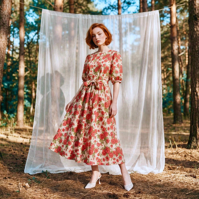 Liberty London Smock Puffed-Sleeves Midi-Length Sun Dress, Sustainable Handmade Womenswear, Botanical Floral-print Cotton Clothing