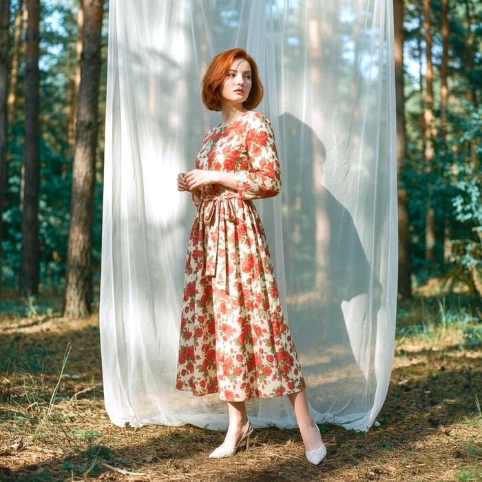 Liberty London Smock Puffed-Sleeves Midi-Length Sun Dress, Sustainable Handmade Womenswear, Botanical Floral-print Cotton Clothing