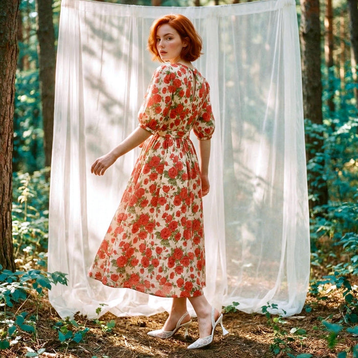 Liberty London Smock Puffed-Sleeves Midi-Length Sun Dress, Sustainable Handmade Womenswear, Botanical Floral-print Cotton Clothing