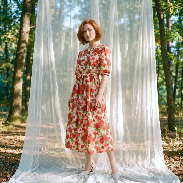 Liberty London Smock Puffed-Sleeves Midi-Length Sun Dress, Sustainable Handmade Womenswear, Botanical Floral-print Cotton Clothing