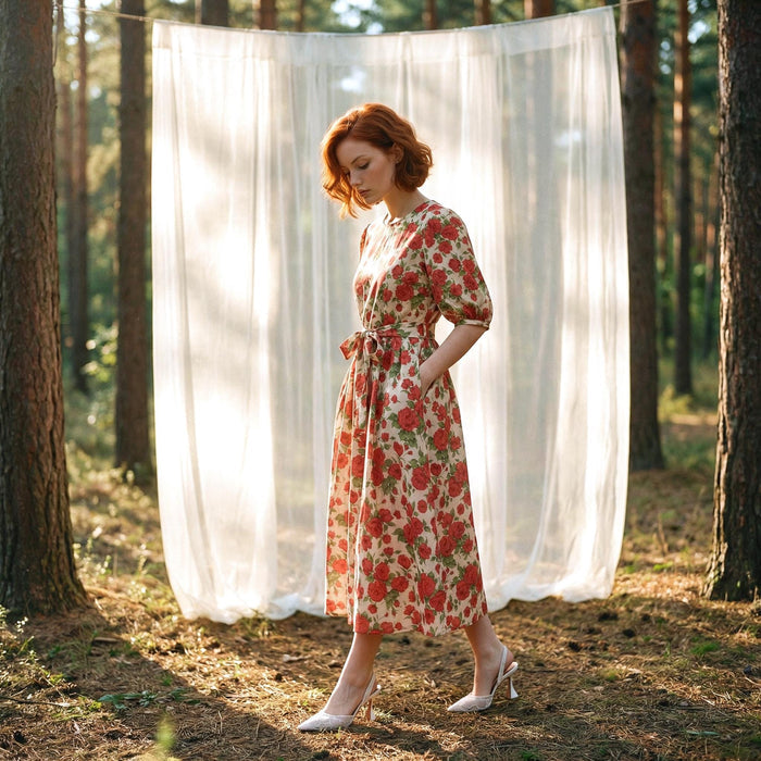 Liberty London Smock Puffed-Sleeves Midi-Length Sun Dress, Sustainable Handmade Womenswear, Botanical Floral-print Cotton Clothing
