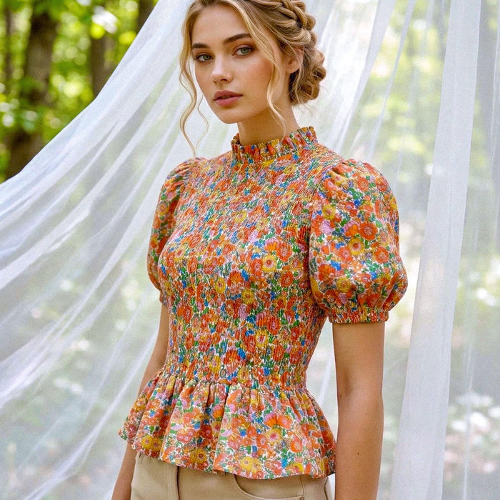 Liberty London Smock-Shirred Peplum Top, Ruffle-collared Handmade Blouse, Sustainable Ethical Clothing, Floral-print Cotton Womenswear