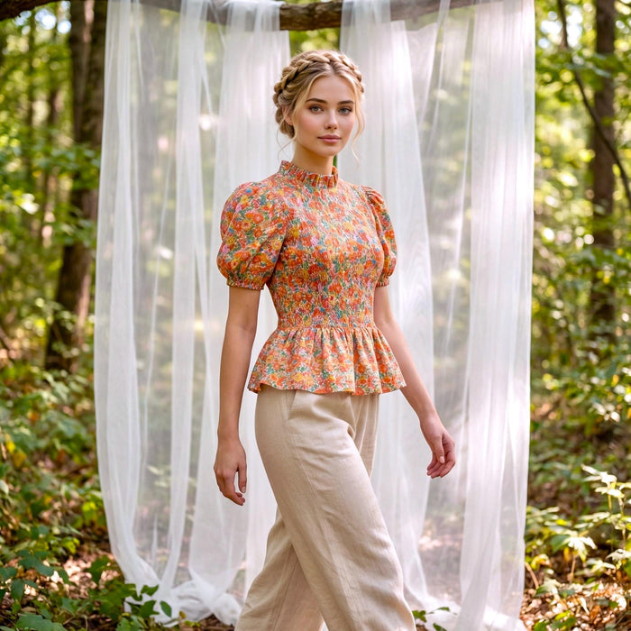 Liberty London Smock-Shirred Peplum Top, Ruffle-collared Handmade Blouse, Sustainable Ethical Clothing, Floral-print Cotton Womenswear