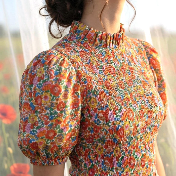 Liberty London Smock-Shirred Peplum Top, Ruffle-collared Handmade Blouse, Sustainable Ethical Clothing, Floral-print Cotton Womenswear