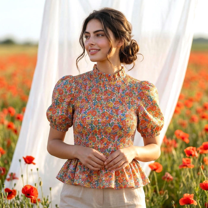 Liberty London Smock-Shirred Peplum Top, Ruffle-collared Handmade Blouse, Sustainable Ethical Clothing, Floral-print Cotton Womenswear