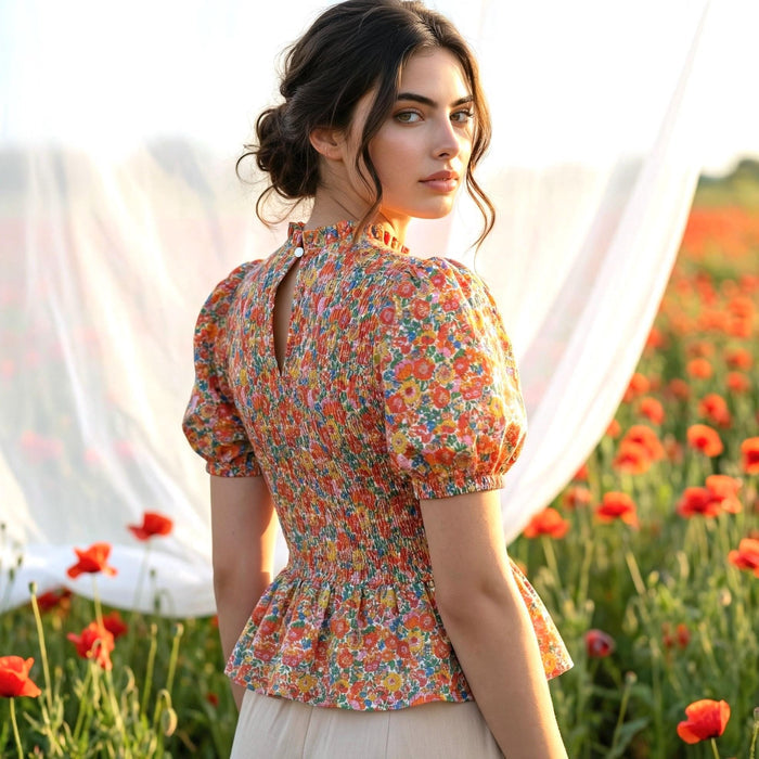 Liberty London Smock-Shirred Peplum Top, Ruffle-collared Handmade Blouse, Sustainable Ethical Clothing, Floral-print Cotton Womenswear