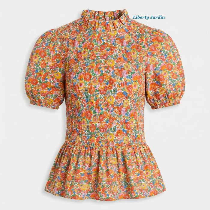 Liberty London Smock-Shirred Peplum Top, Ruffle-collared Handmade Blouse, Sustainable Ethical Clothing, Floral-print Cotton Womenswear