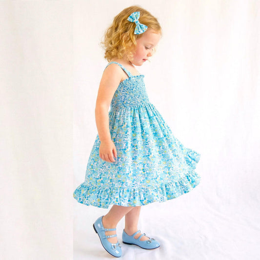 Liberty London Smock Shirred Sun Dress, Personalised Floral Print Handmade Children-wear, Sustainable Slow-fashioned Clothing