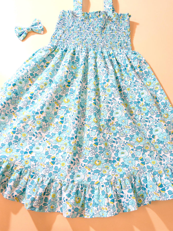 Liberty London Smock Shirred Sun Dress, Personalised Floral Print Handmade Children-wear, Sustainable Slow-fashioned Clothing