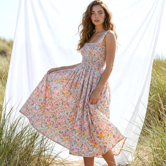 Liberty London Smock Shirred Sundress, Handmade Cotton Womenswear, Botanical Sustainable Clothing, Personalised Tailoring Outfits