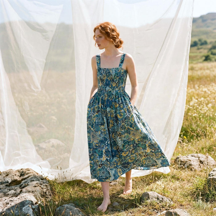 Liberty London Smock Shirred Sundress, Handmade Cotton Womenswear, Botanical Sustainable Clothing, Personalised Tailoring Outfits