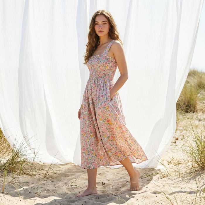 Liberty London Smock Shirred Sundress, Handmade Cotton Womenswear, Botanical Sustainable Clothing, Personalised Tailoring Outfits