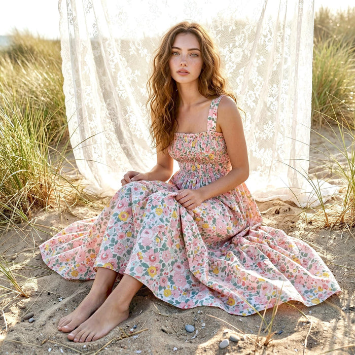 Liberty London Smock Shirred Sundress, Handmade Cotton Womenswear, Botanical Sustainable Clothing, Personalised Tailoring Outfits