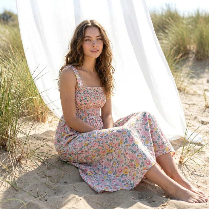 Liberty London Smock Shirred Sundress, Handmade Cotton Womenswear, Botanical Sustainable Clothing, Personalised Tailoring Outfits