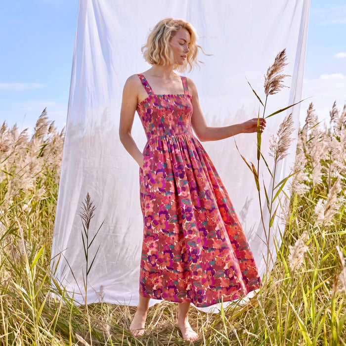 Liberty London Smock Shirred Sundress, Handmade Sustainable Clothing, Botanical Personalised Womenswear, Customised Tailoring Dress