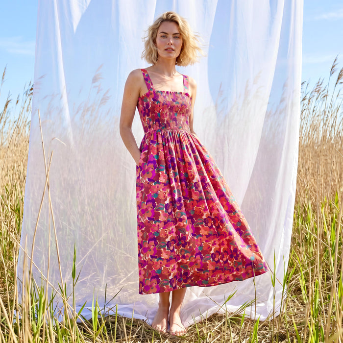 Liberty London Smock Shirred Sundress, Handmade Sustainable Clothing, Botanical Personalised Womenswear, Customised Tailoring Dress