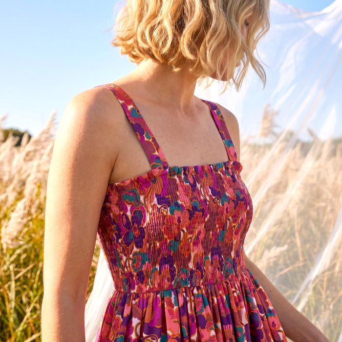Liberty London Smock Shirred Sundress, Handmade Sustainable Clothing, Botanical Personalised Womenswear, Customised Tailoring Dress