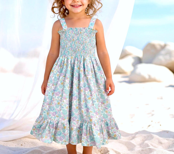 Liberty London Smock Shirred Sundress, Personalised Handmade Cotton Clothing, Customised Sustainable Children-wear, Botanical Dress