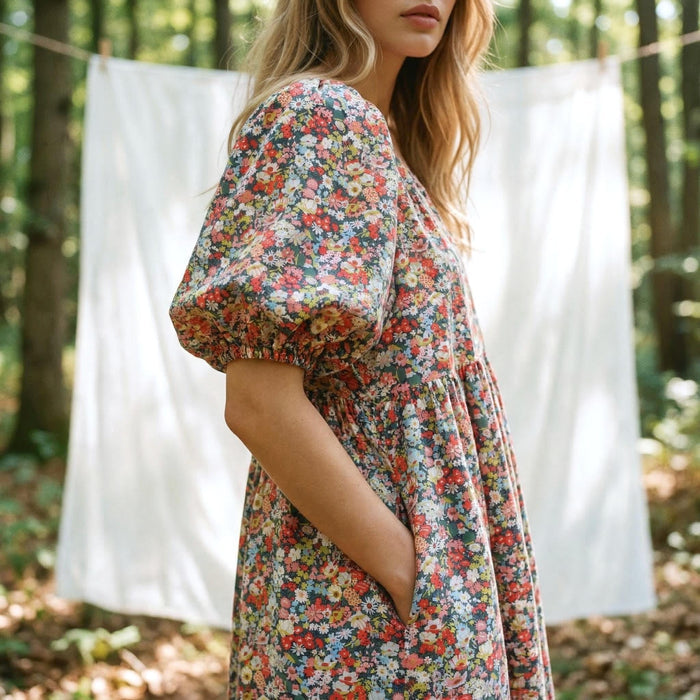 Liberty London Smock Sun Dress, Midi-length Puffed Short-Sleeved Tiered Dress, Handmade Sustainable Floral-Print Womenswear