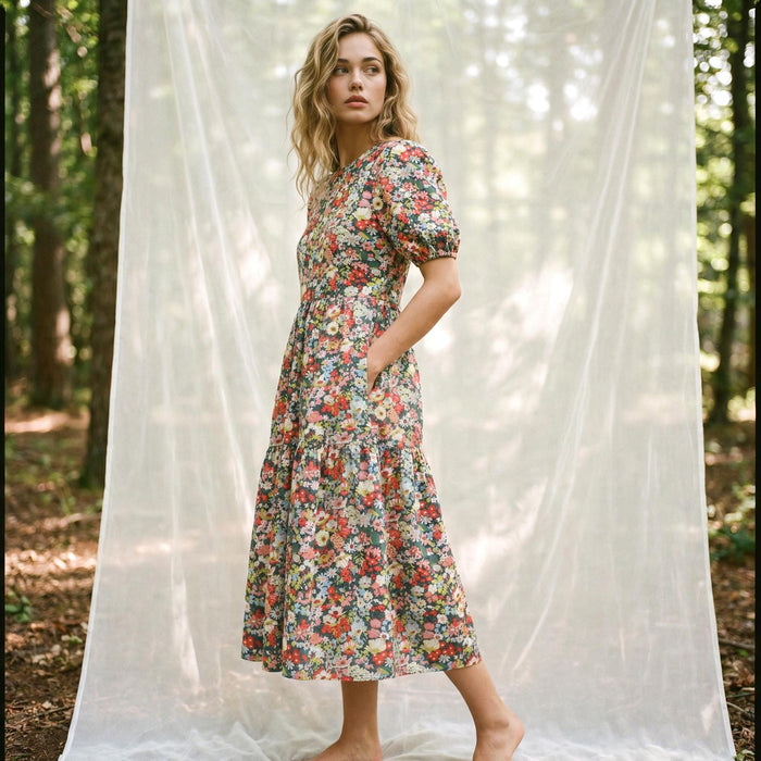 Liberty London Smock Sun Dress, Midi-length Puffed Short-Sleeved Tiered Dress, Handmade Sustainable Floral-Print Womenswear