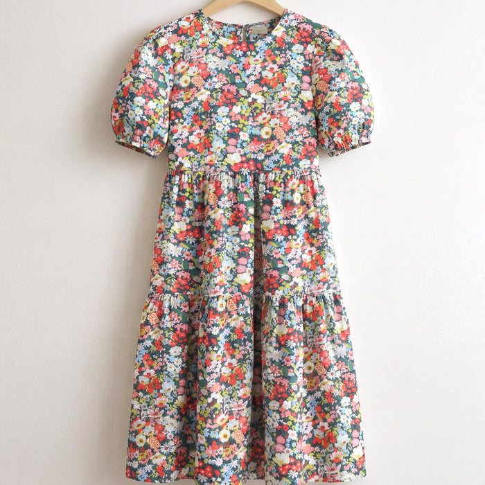 Liberty London Smock Sun Dress, Midi-length Puffed Short-Sleeved Tiered Dress, Handmade Sustainable Floral-Print Womenswear