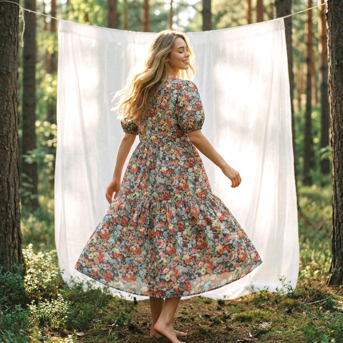 Liberty London Smock Sun Dress, Midi-length Puffed Short-Sleeved Tiered Dress, Handmade Sustainable Floral-Print Womenswear