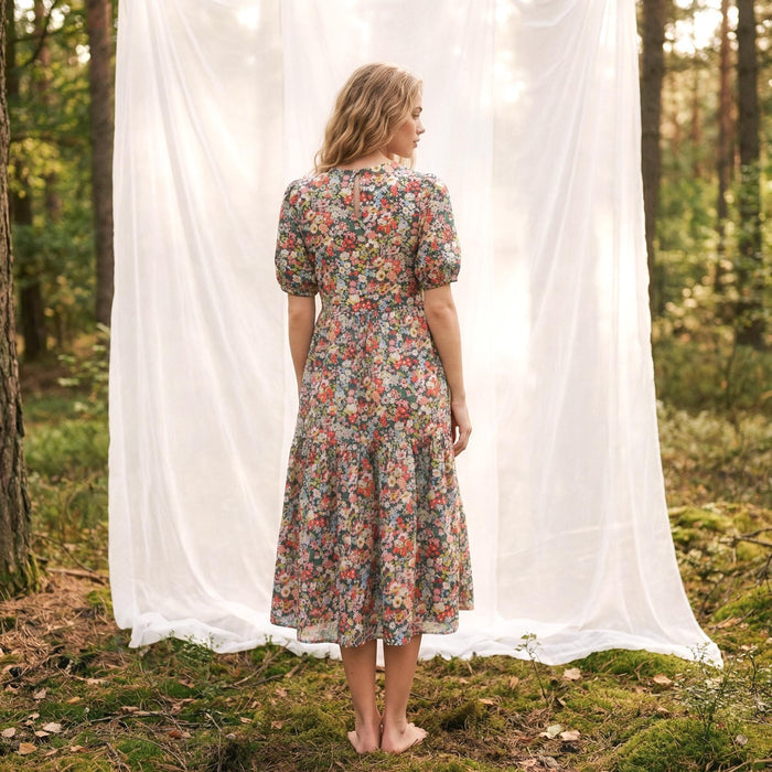 Liberty London Smock Sun Dress, Midi-length Puffed Short-Sleeved Tiered Dress, Handmade Sustainable Floral-Print Womenswear