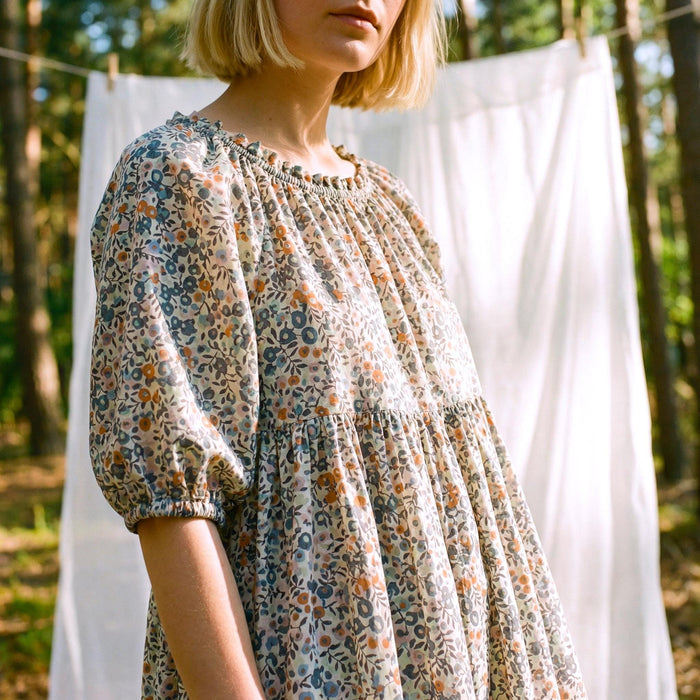 Liberty London Smock Three-quarter Bishop Sleeves Boho Dress, Handmade Personalised Botanical Clothing, Sustainable Womenswear