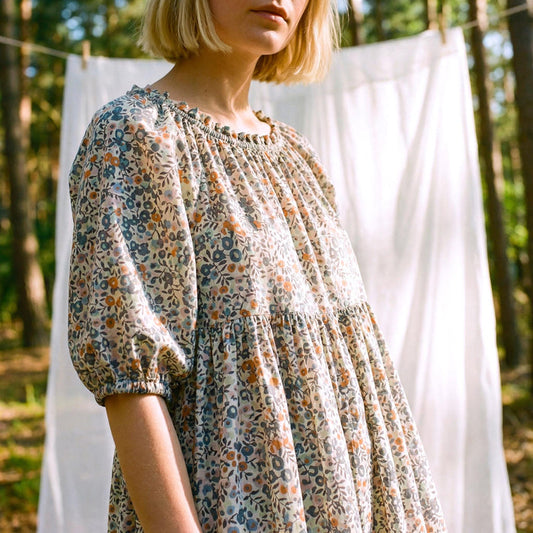 Liberty London Smock Three-quarter Bishop Sleeves Boho Dress, Handmade Personalised Botanical Clothing, Sustainable Womenswear