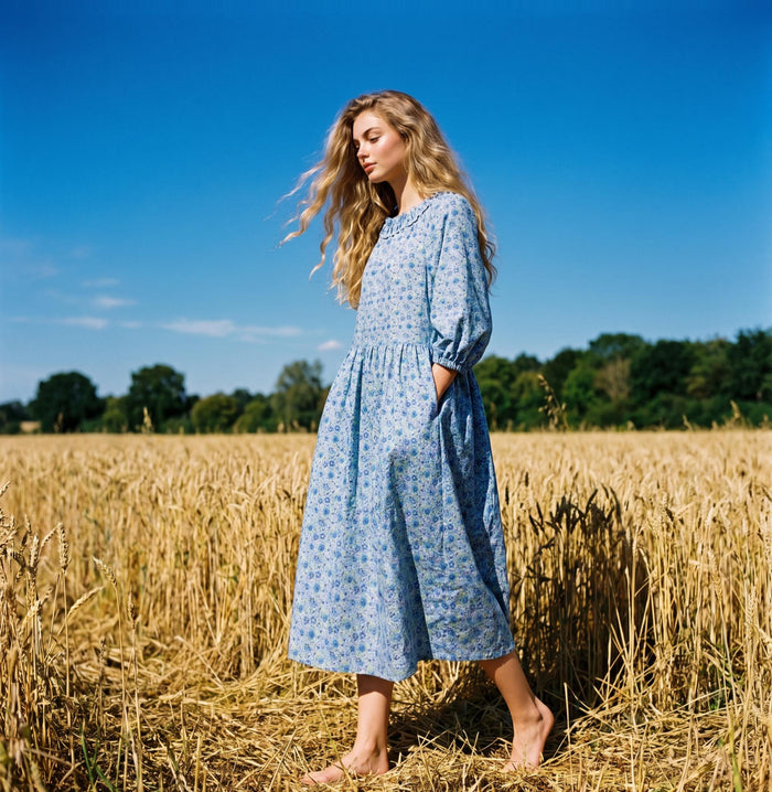Liberty London Smock Three-quarter Bishop Sleeves Boho Dress, Handmade Personalised Botanical Clothing, Sustainable Womenswear