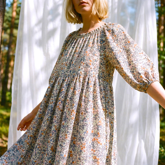 Liberty London Smock Three-quarter Bishop Sleeves Boho Dress, Handmade Personalised Botanical Clothing, Sustainable Womenswear