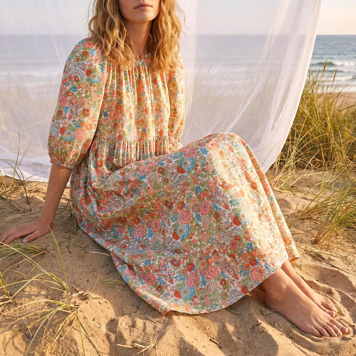 Liberty London Smock Three-quarter Bishop Sleeves Boho Dress, Handmade Personalised Botanical Clothing, Sustainable Womenswear