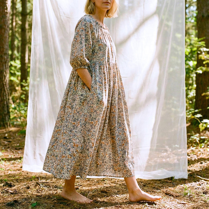 Liberty London Smock Three-quarter Bishop Sleeves Boho Dress, Handmade Personalised Botanical Clothing, Sustainable Womenswear