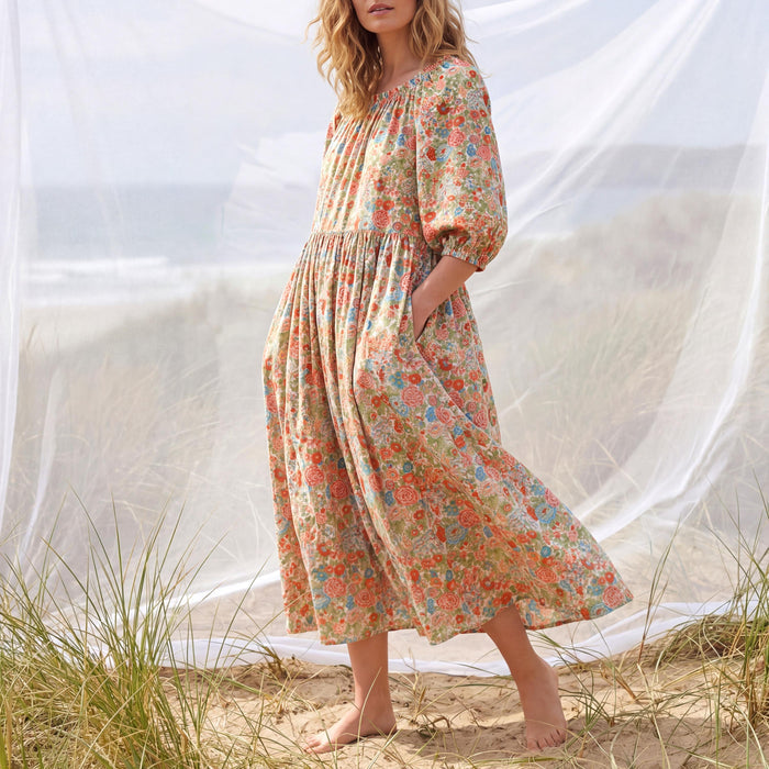 Liberty London Smock Three-quarter Bishop Sleeves Boho Dress, Handmade Personalised Botanical Clothing, Sustainable Womenswear