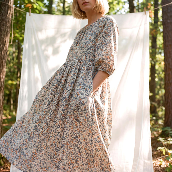 Liberty London Smock Three-quarter Bishop Sleeves Boho Dress, Handmade Personalised Botanical Clothing, Sustainable Womenswear