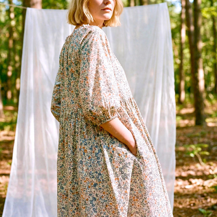 Liberty London Smock Three-quarter Bishop Sleeves Boho Dress, Handmade Personalised Botanical Clothing, Sustainable Womenswear