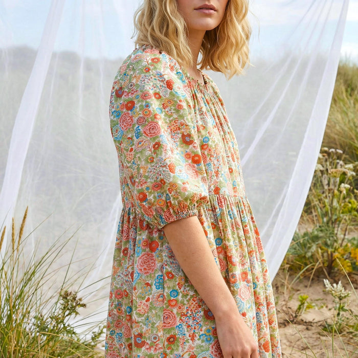 Liberty London Smock Three-quarter Bishop Sleeves Boho Dress, Handmade Personalised Botanical Clothing, Sustainable Womenswear