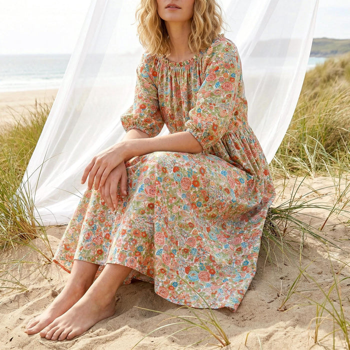 Liberty London Smock Three-quarter Bishop Sleeves Boho Dress, Handmade Personalised Botanical Clothing, Sustainable Womenswear