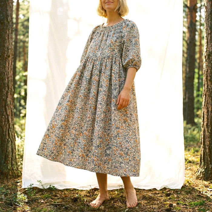Liberty London Smock Three-quarter Bishop Sleeves Boho Dress, Handmade Personalised Botanical Clothing, Sustainable Womenswear