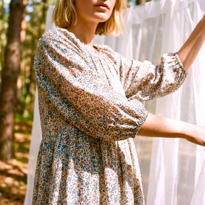 Liberty London Smock Three-quarter Bishop Sleeves Boho Dress, Handmade Personalised Botanical Clothing, Sustainable Womenswear