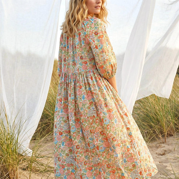 Liberty London Smock Three-quarter Bishop Sleeves Boho Dress, Handmade Personalised Botanical Clothing, Sustainable Womenswear