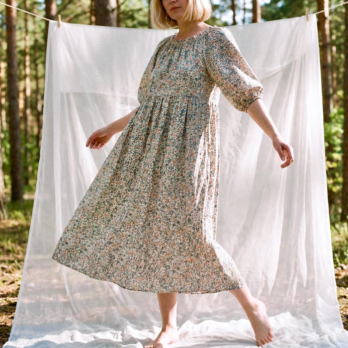 Liberty London Smock Three-quarter Bishop Sleeves Boho Dress, Handmade Personalised Botanical Clothing, Sustainable Womenswear
